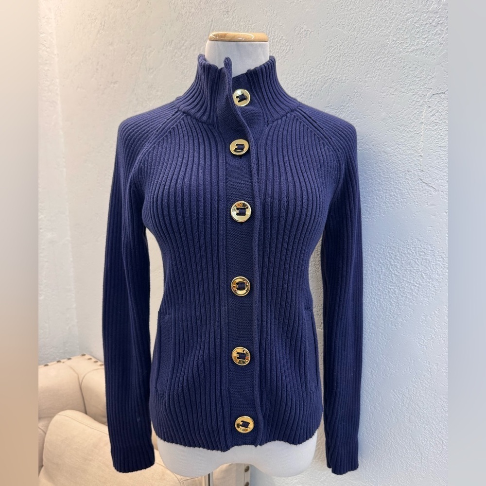 Ralph Lauren Cable Knit Navy Blue Cardigan Chunky Metal Buttons S